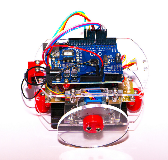 Perspex Hull Pixelbot with Arduino on top